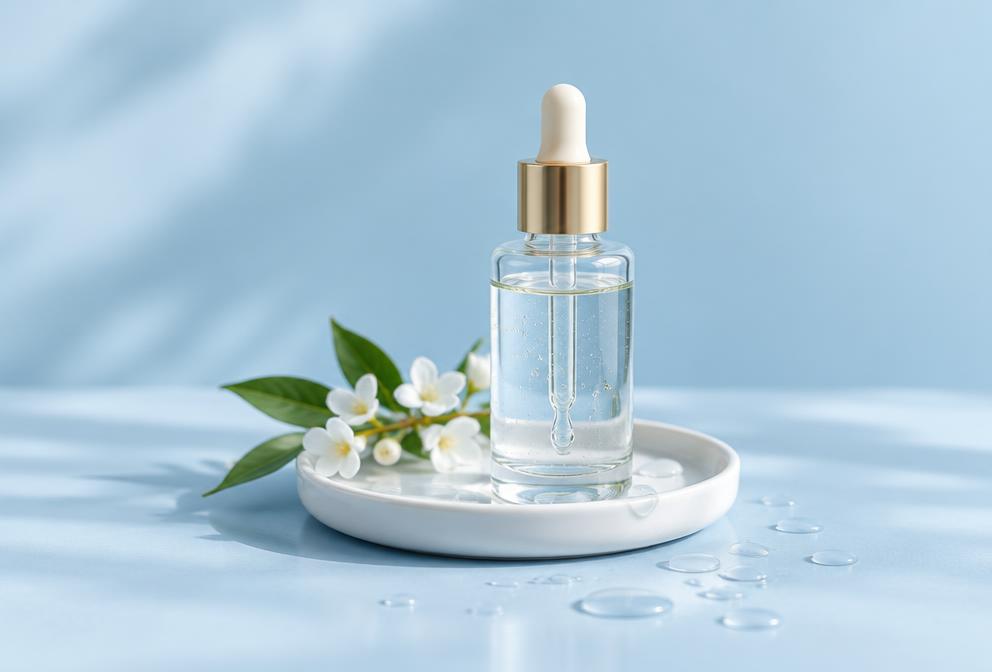 Unbranded serum bottle on a ceramic tray